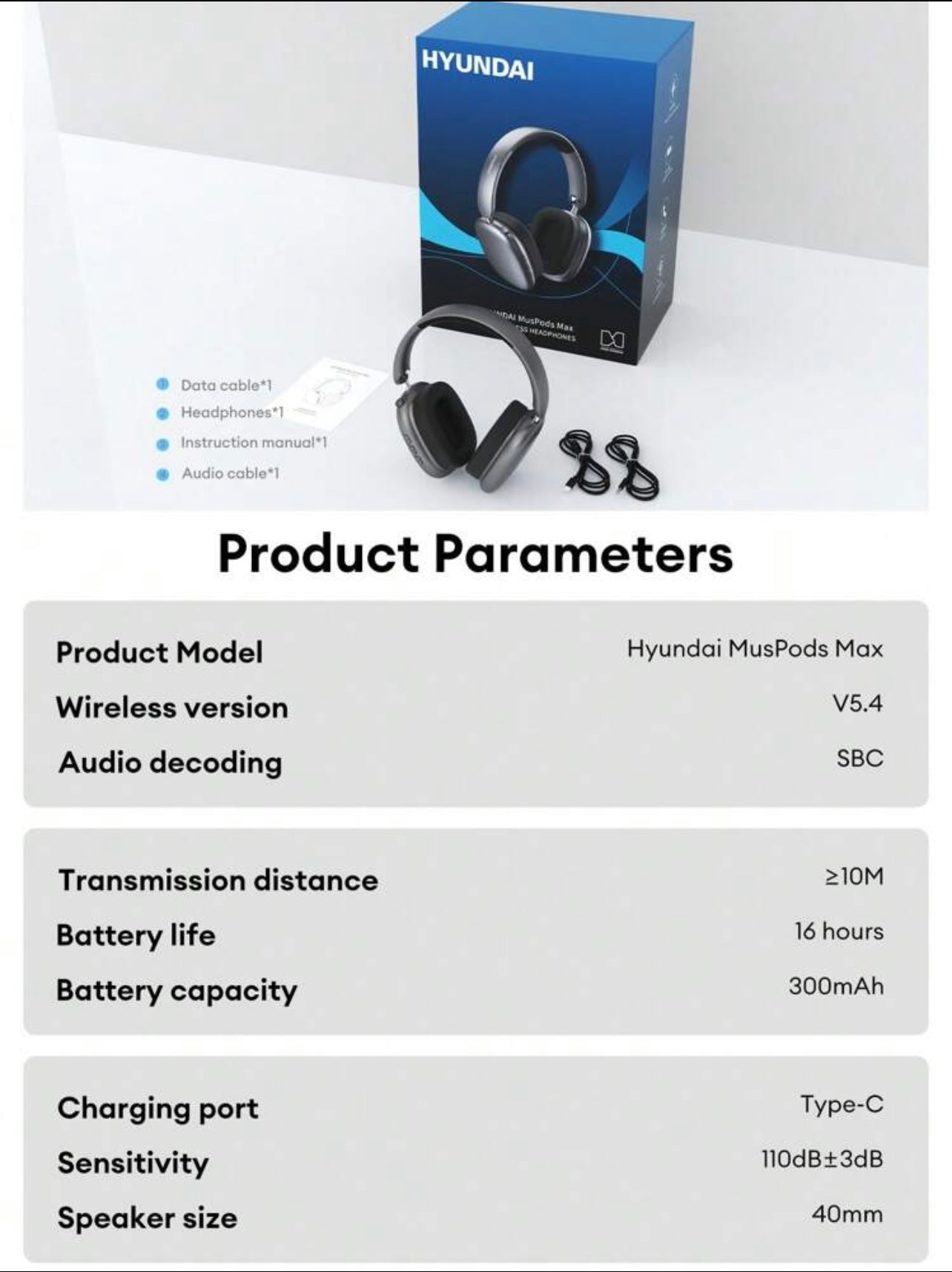 HYUNDAI MusPods-Max Bluetooth Headphones With ENC Noise-Proof,